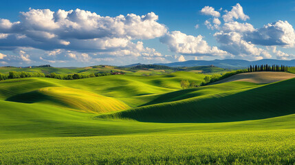 Obraz premium Scenic Rolling Green Hills Under Bright Blue Sky and Fluffy Clouds