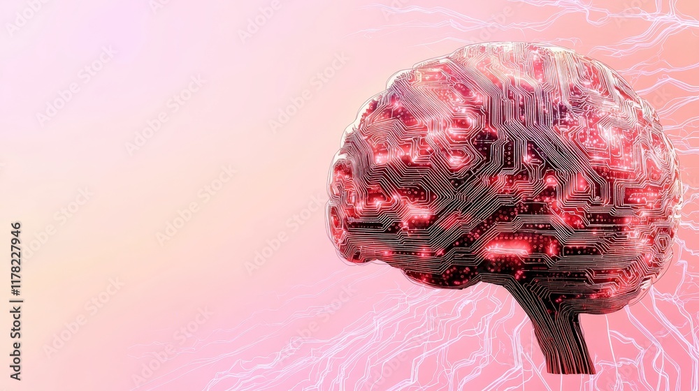 Poster abstract digital brain concept with circuit patterns on a soft pink background