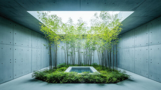 Serene Modern Interior with Bamboo and Water Feature in Minimalist Space
