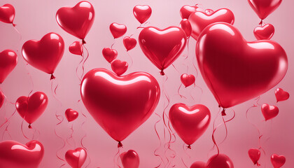 A vibrant arrangement of red and pink heart-shaped balloons against a pink backdrop, symbolizing love and joy, and a romantic Valentine's Day