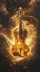 Fototapeta premium Golden Violin Embraces Celestial Galaxy Dust