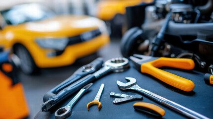 Fototapeta premium detailed shot of car engine with tools scattered around, showcasing mechanics