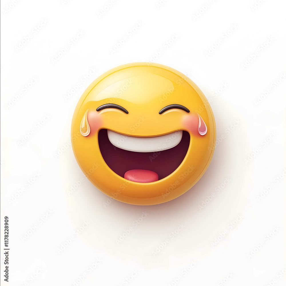 Wall mural create a flat minimalist laughing emoji with a wide smile and tear drops near the eyes set on a whit