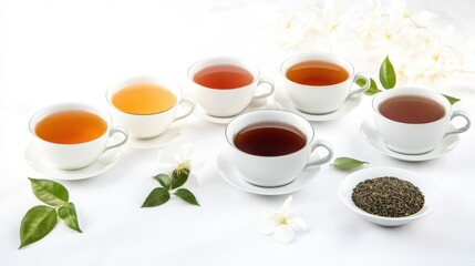 A selection of various teas displayed in white cups.