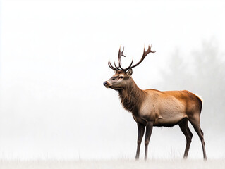 Fototapeta premium Majestic Elk Standing in Misty Landscape: A Serene Wildlife Scene