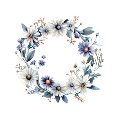 Watercolor illustration of wreath with blue and white daisy flowers, on white background