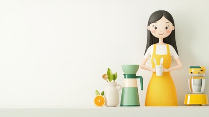 Happy Woman Preparing Healthy Drink with Kitchen Appliances in Bright Minimalist Setting