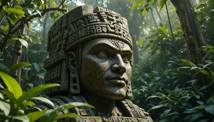Obraz premium Ancient Mayan Stone Bust: Serene Jungle Majesty