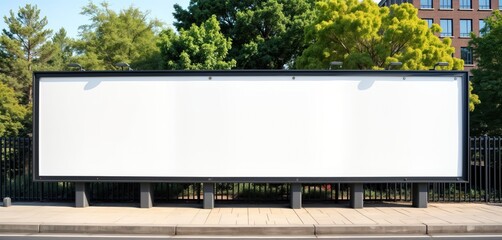 Blank white billboard stands on city sidewalk. Empty advertising hoarding awaits commercial marketing. Modern signage ready for mockup. Public display area outside building. Green trees, foliage