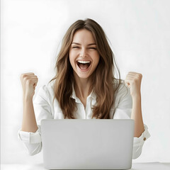 Mujer de 30 anos empresaria feliz celebrando sosteniendo su computadora en la mano aislada fondo blanco detalle realista hiper realista fotografia