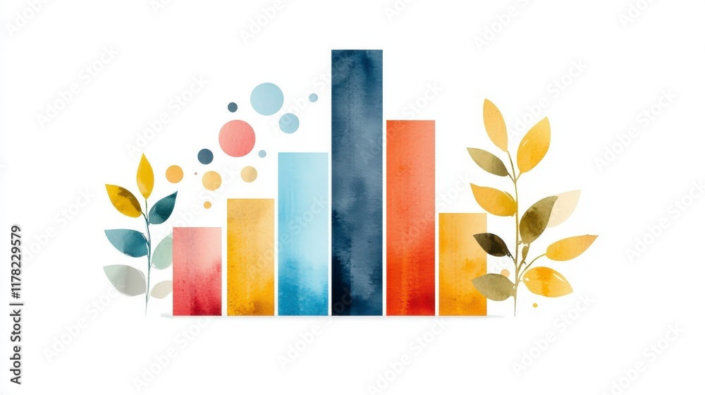 Poster vibrant abstract chart with colorful bars and leaf elements for data visualization