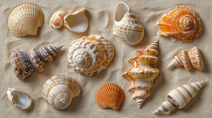 Seashells arranged on sand.