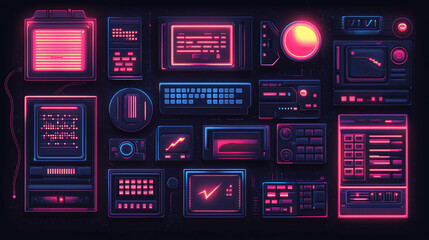 Retro futuristic technology interface elements.