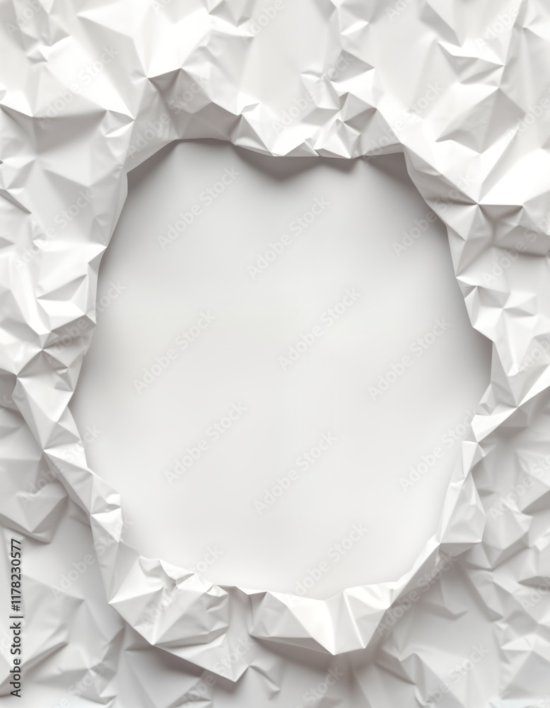 Poster White crumpled paper creates textured frame around blank space. Abstract design with creases, folds. Empty space for mockup. Recycled material background. Creative design element. Modern style.