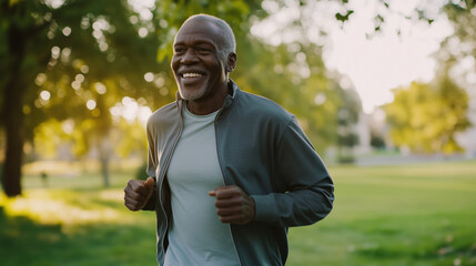 A waist-up view of a smiling black man jogging outdoors in a green park during the morning. The man looks healthy and happy, exuding positivity and fitness.