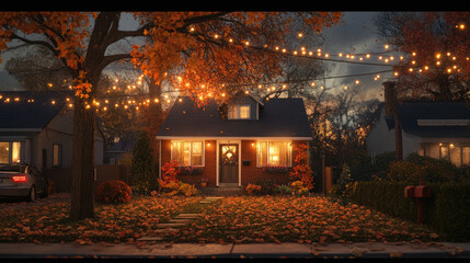 Obraz premium Cozy Autumn Evening at a Charming House Surrounded by Fall Colors
