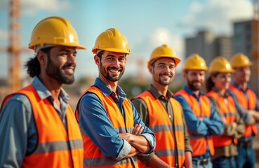 Construction workers stand together on construction site. Smiling, confident. Teamwork, pride in work. Bright sunny day. Focus on people energy, happiness. Group of builders at work in building new