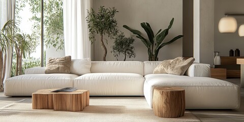 Bohemian living room, white sectional sofa, arched window, natural light, rattan ottoman, potted plants, wooden cabinet, neutral color palette, woven wall decor, moon phase wall art, minimalist aesthe
