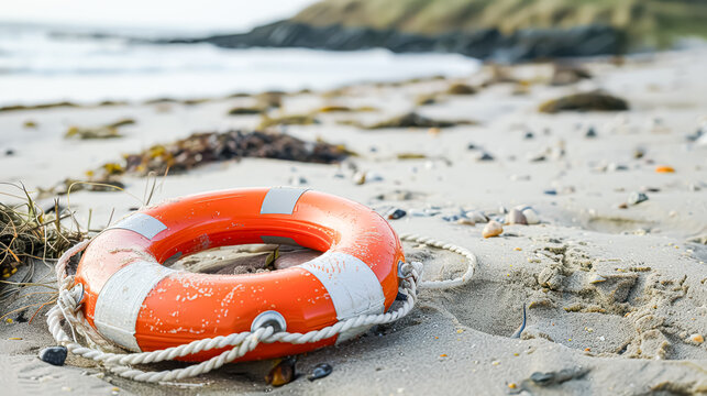 Red life preserver is laying on the beach.