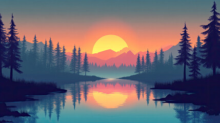Serene Sunset Over Forest Lake with Reflection in Tranquil Setting