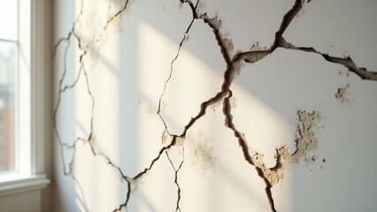 Fototapeta premium A close-up of a plaster wall with visible cracks of different sizes, showing wear and previous repairs. The natural light highlights the texture and imperfections, giving it character.