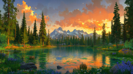 Fototapeta premium Serene Landscape with Forest, Mountains, and Reflective Water at Sunset