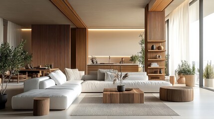 Bohemian living room, white sectional sofa, arched window, natural light, rattan ottoman, potted plants, wooden cabinet, neutral color palette, woven wall decor, moon phase wall art, minimalist aesthe