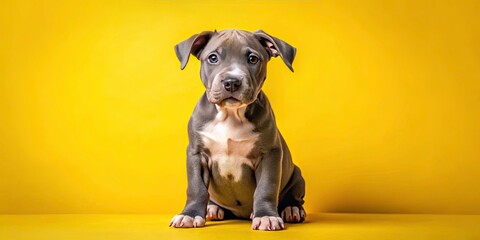 Cute Blue Pitbull Puppy Studio Shot, Yellow Background, Dog Photography, Pet Portrait, Adorable Canine