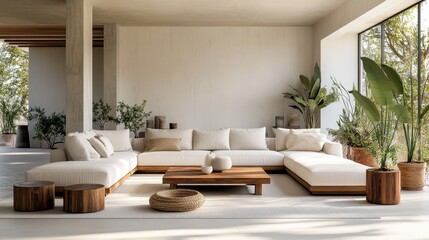 Bohemian living room, white sectional sofa, arched window, natural light, rattan ottoman, potted plants, wooden cabinet, neutral color palette, woven wall decor, moon phase wall art, minimalist aesthe