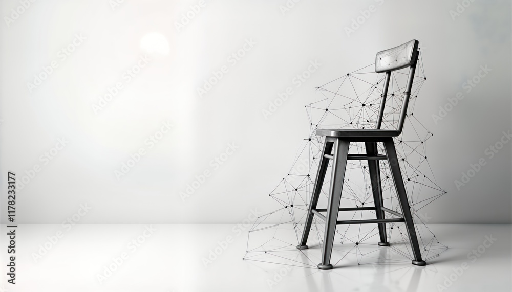 Poster modern isometric mockup of metal bar stool in minimalist living room. abstract network structure ove