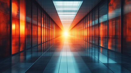 A captivating double exposure blends an abstract virtual technology hologram with an empty modern office, symbolizing innovation and progress in the digital realm

