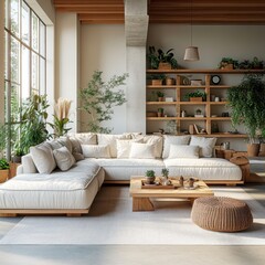 Obraz premium Cozy living room, large gray sectional sofa, round rattan coffee table, woven area rug, wooden floating shelves, potted plants, sheer white curtains, natural light, bohemian decor, neutral color palet