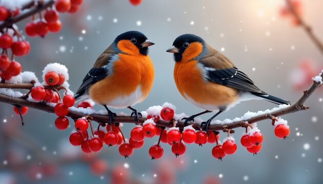 Two bullfinches rest on wintry branch laden with red rowan berries. Snow lightly covers berries, branch. Winter scene. Beautiful birds in nature. Winter birds closeup. Eurasian finch in winter