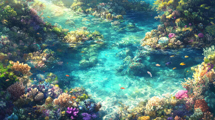 Fototapeta premium Vibrant Underwater Coral Reef and Tropical Fish in Clear Water