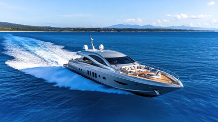Luxury yacht cruising through clear blue waters under a sunny sky.