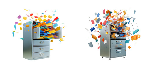 Overflowing cabinets with colorful papers and files
