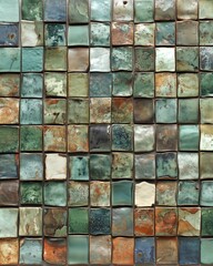 Colored mosaic of glass and ceramic tiles. Cracks on ceramic tiles. A surface consisting of multi-colored glass and ceramic tiles of rectangular shape.