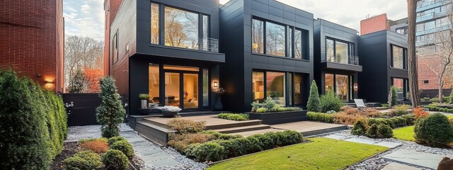 Modern black house, minimalist architecture, large windows, evening lighting, lush green lawn, contemporary design, residential neighborhood, cloudy sky, exterior view, sleek facade, geometric shapes,