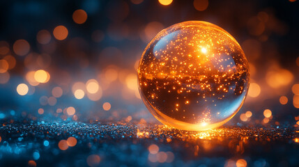 A small metallic shiny sphere gleams with captivating light creating a mesmerizing abstract and futuristic technological background with blurred caption space on the side


