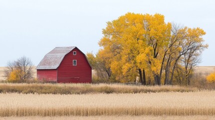 Obraz premium Red barn stands in autumn field, beside golden tree.