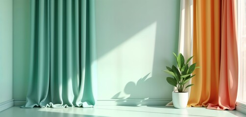 Empty pastel turquoise blue green room with colorful silk curtains. Sunlight streams through window creating soft shadows on wall. Blank space suitable for product presentation in interior design.