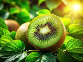 Juicy Kiwi Close-Up: Healthy Vegetarian Food, Sunlit Green Leaves, Rule of Thirds Photography