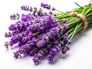 Naklejka premium Lavender Flowers Mockup: Fresh Purple Blooms on White Background, Copy Space, Food Photography