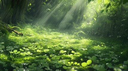A beautiful, sunlit forest floor blanketed with lush clover leaves and dew-covered moss, capturing the peaceful, tranquil ambiance of nature freshness