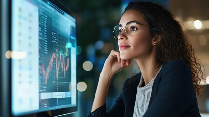 Young attractive mixed race businesswoman working at night at her company office in front of computer screens