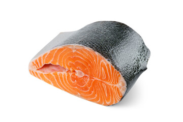 Fresh raw salmon or trout steak isolated on white, transparent background. Sliced fish meat fillet...