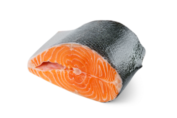 Fresh raw salmon or trout steak isolated on white, transparent background. Sliced fish meat fillet close up, seafood, heathy vegetarian food, cooking ingredient