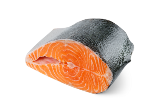 Fresh raw salmon or trout steak isolated on white, transparent background. Sliced fish meat fillet close up, seafood, heathy vegetarian food, cooking ingredient