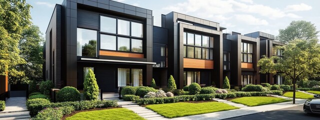 Obraz premium Modern duplex house, black exterior, large windows, minimalist architecture, lush green lawn, mature trees, suburban setting, symmetrical design, clean lines, contemporary home, landscaped front yard,