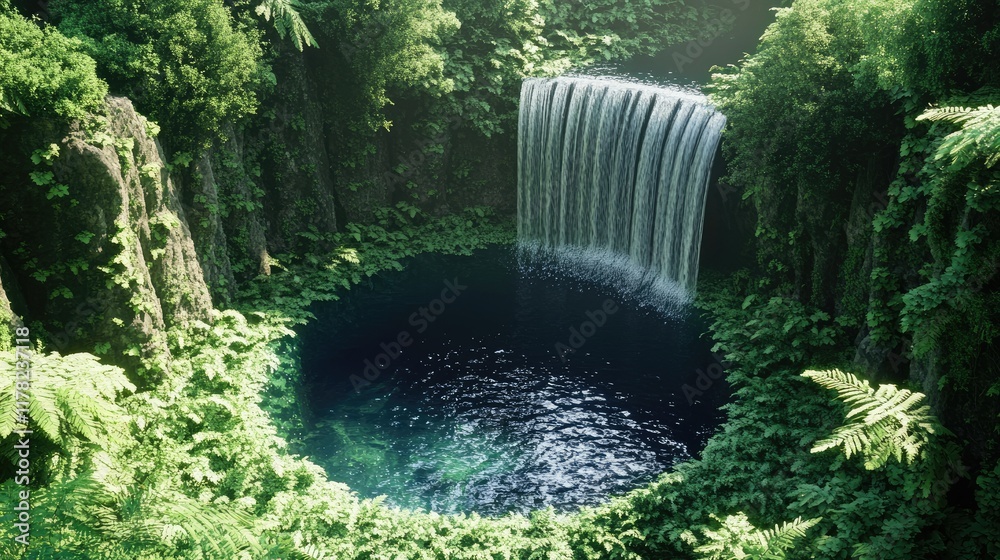 Poster a breathtaking forest oasis featuring a circular waterfall surrounded by lush greenery, creating a s